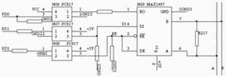 其中,pc817起到隔离作用,max1487保证收发信号在时间上错开.