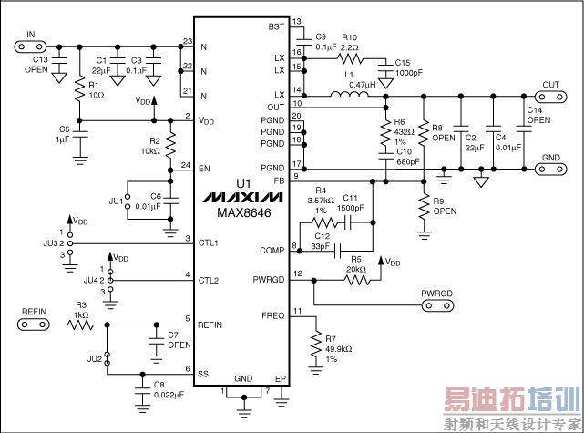 Figure 1. This schematic shows EV kit circuitry for the MAX8646 step-down switching regulator.