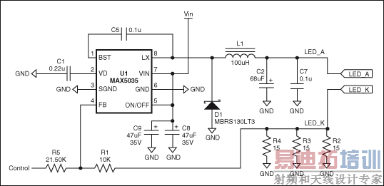 ͼ1. ͨڿƵѹ(0V3.9V)MAX5035 LEDܹLED_ALED_K˲350mA0mA