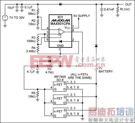 ͼ1. IC1 MAX931ȽڼԴѹԴѹ½7.4Vʱͨظ˽ӵؽͨõء