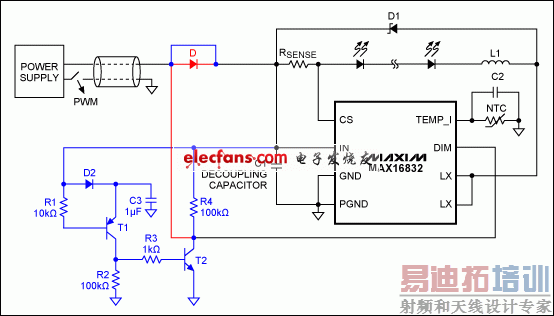 Figure 1. This circuit, including the circuitry in blue and without the diode in red (see text) prevents excessive charging and discharging of the decoupling capacitor by turning off the LEDs during intervals when the chopped supply voltage is off.